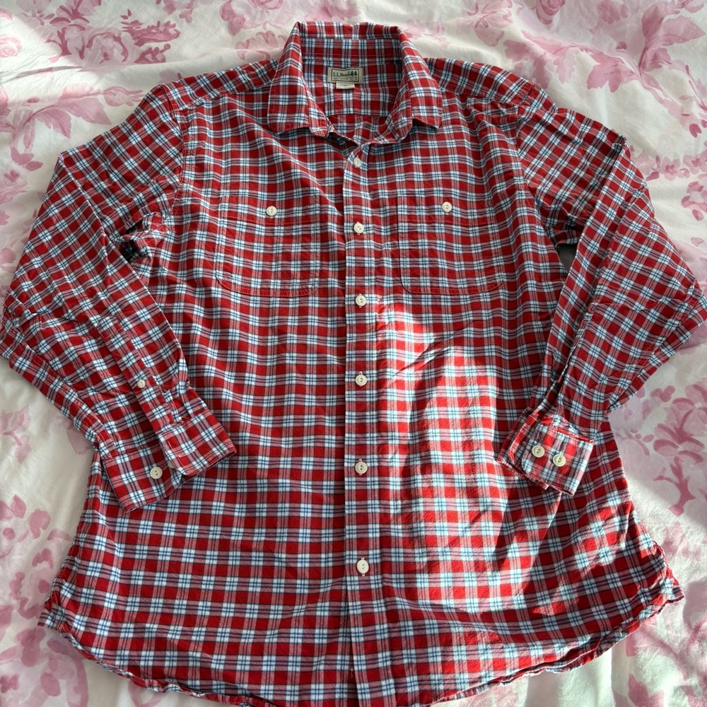 LL Bean red and blue plaid flannel shirt 100% cotton